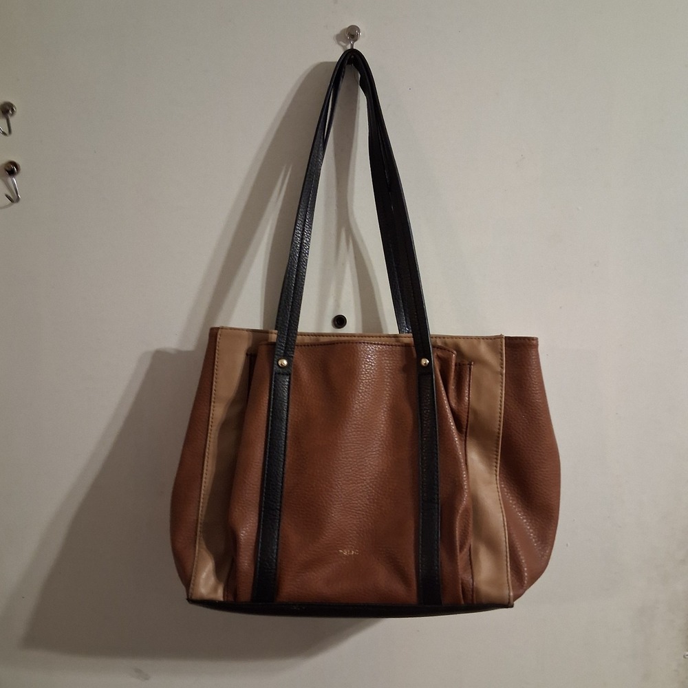 Relic by Fossil Colorblock Tote Bag Brown Tan Black Vegan Leather Handbag Purse